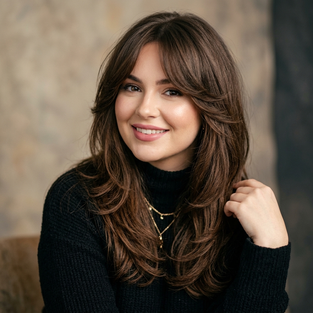 Long Layers with Curtain Bangs on a round face