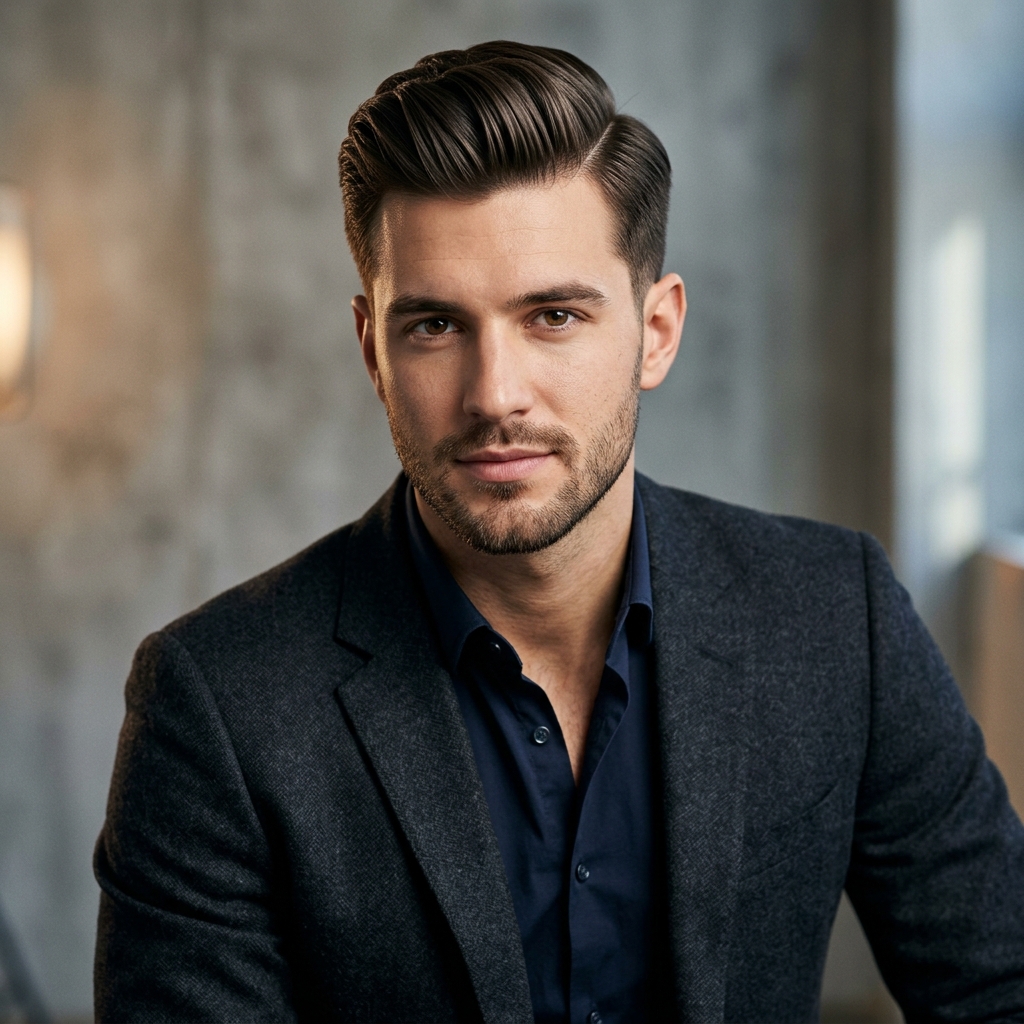 Side Part Pompadour on an oval face male